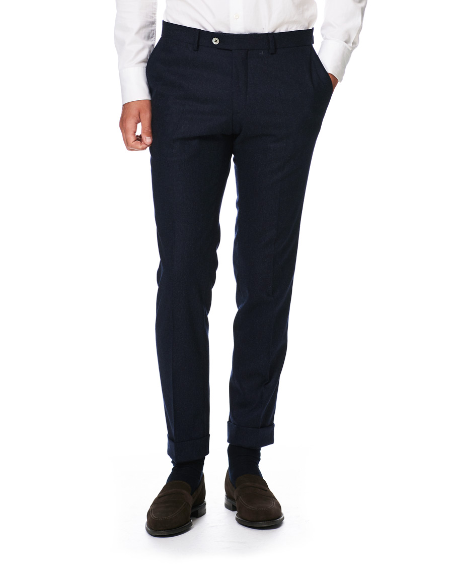 Heren | Broeken | Oscar Jacobson | Dean Turn Up Flannel Trousers Navy