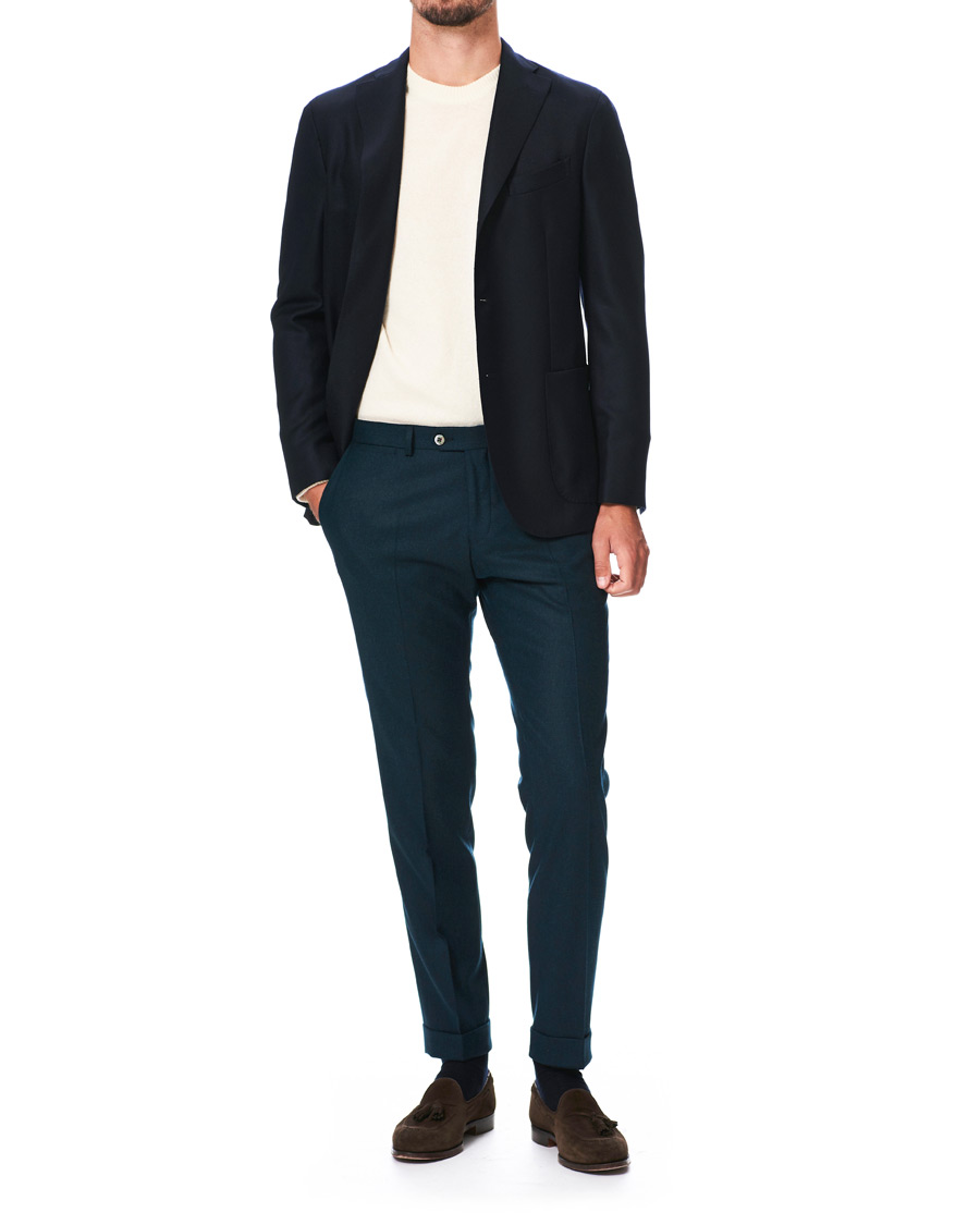 Heren | Broeken | Oscar Jacobson | Dean Turn Up Flannel Trousers Aqua Green