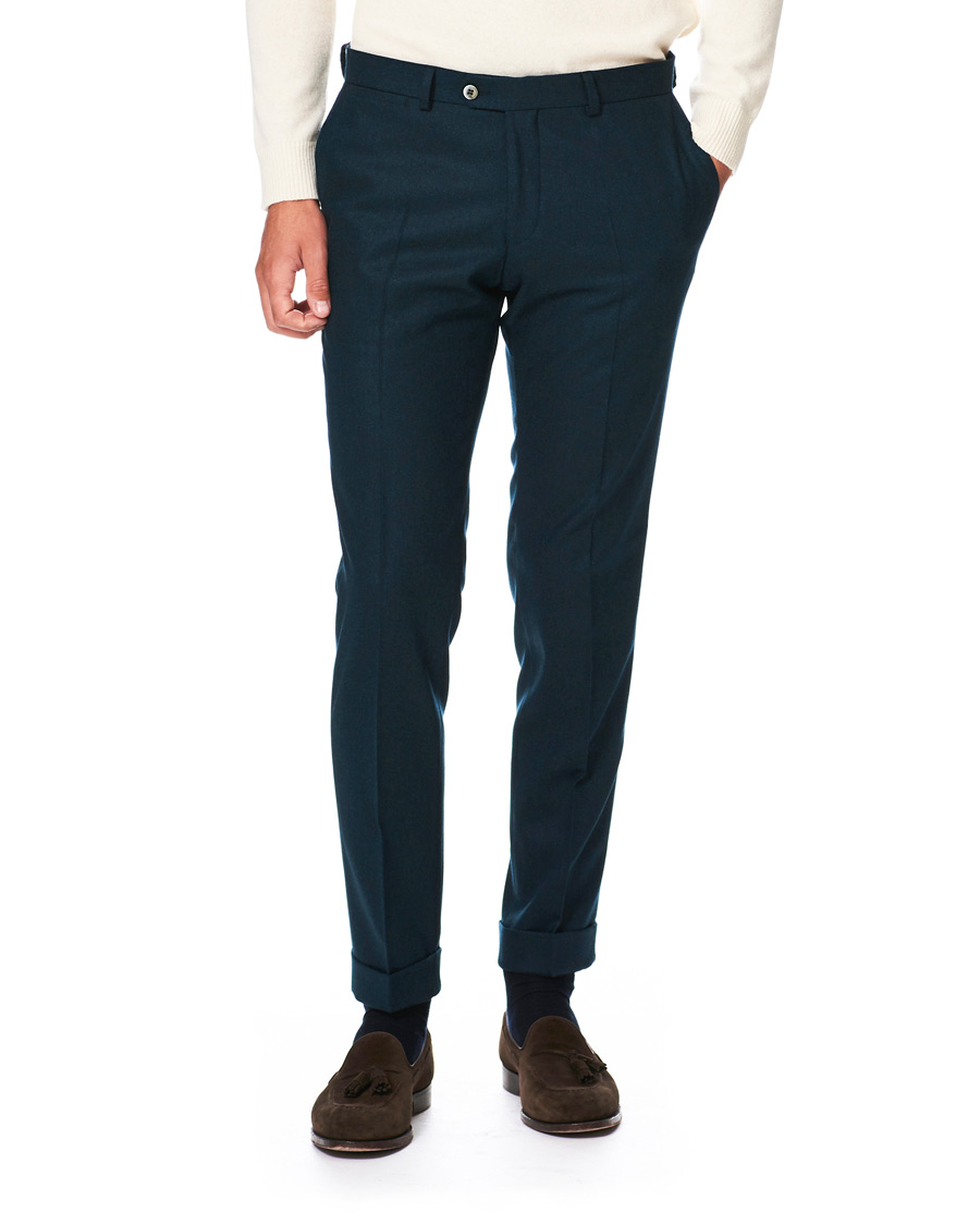 Heren | Broeken | Oscar Jacobson | Dean Turn Up Flannel Trousers Aqua Green