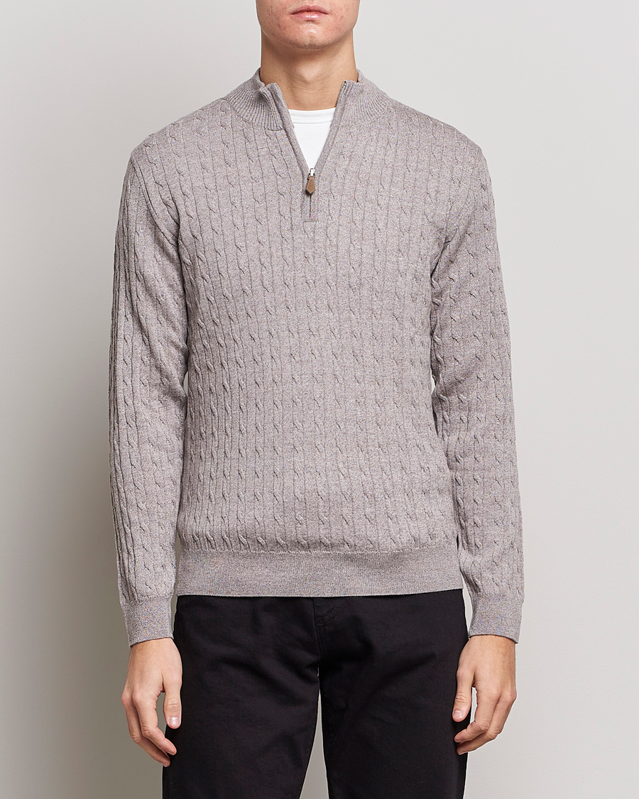 Heren | Truien | Stenströms | Merino Wool Cable Half Zip Beige