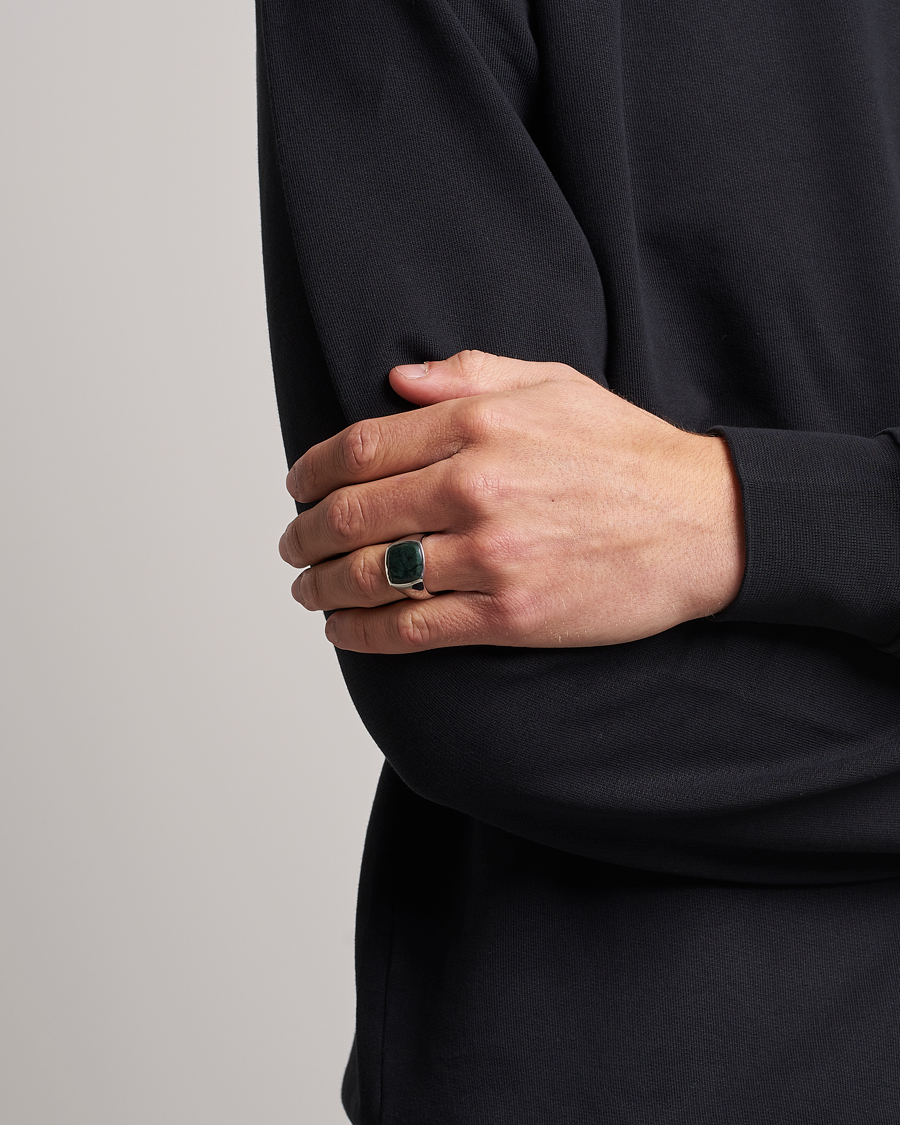 Heren | Kerstcadeaus | Tom Wood | Cushion Green Marble Ring Silver