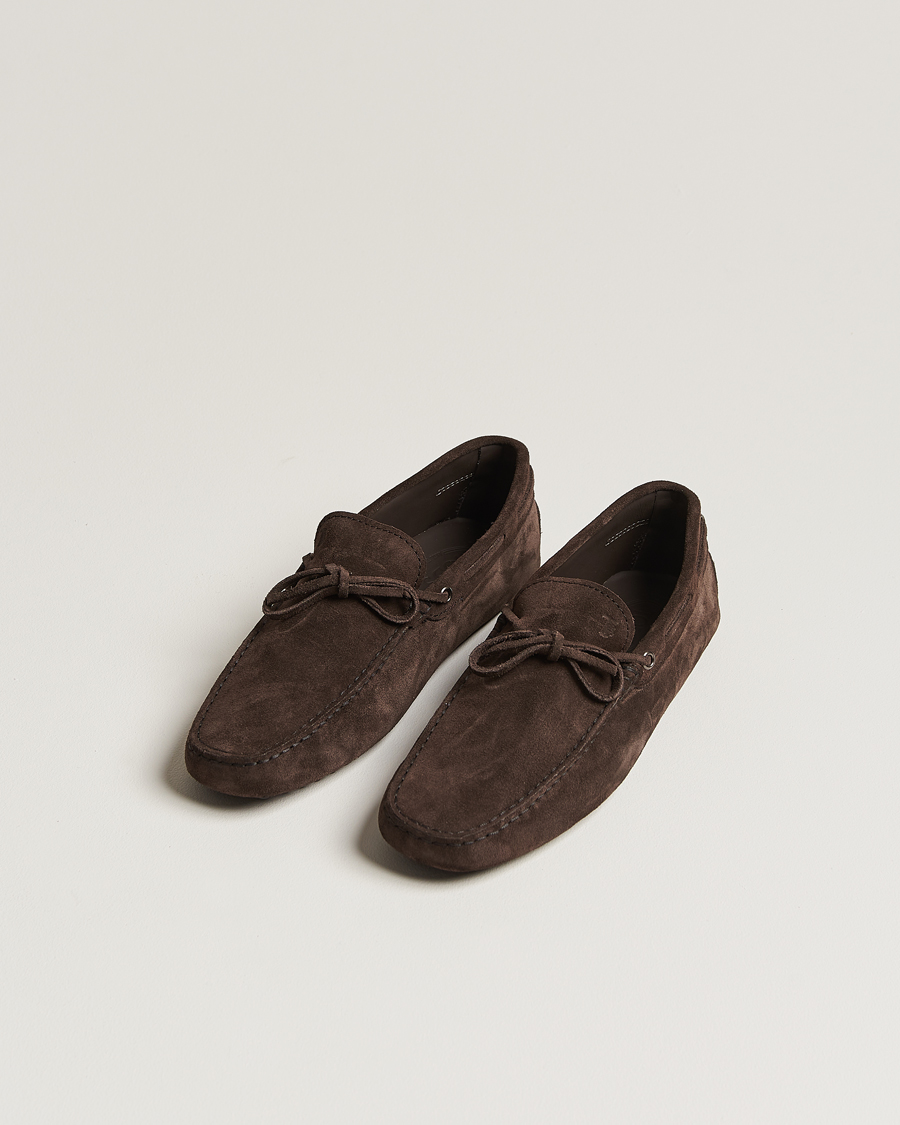 Heren | Tod's Lacetto Gommino Carshoe Dark Brown Suede | Tod's | Lacetto Gommino Carshoe Dark Brown Suede