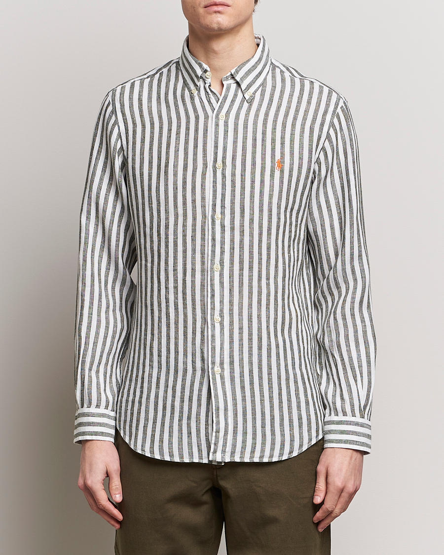 Heren |  | Polo Ralph Lauren | Custom Fit Striped Linen Shirt Olive/White