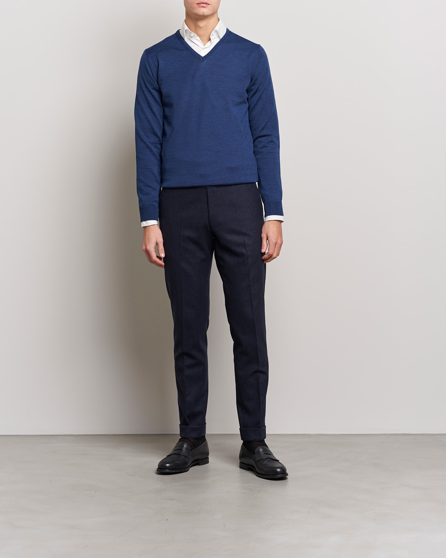 Heren | Truien | Stenströms | Merino V-Neck Blue