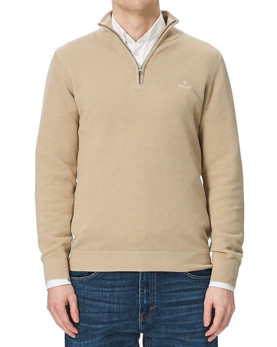 Heren | Truien | GANT | Cotton Pique Half-Zip Sweater Dry Sand