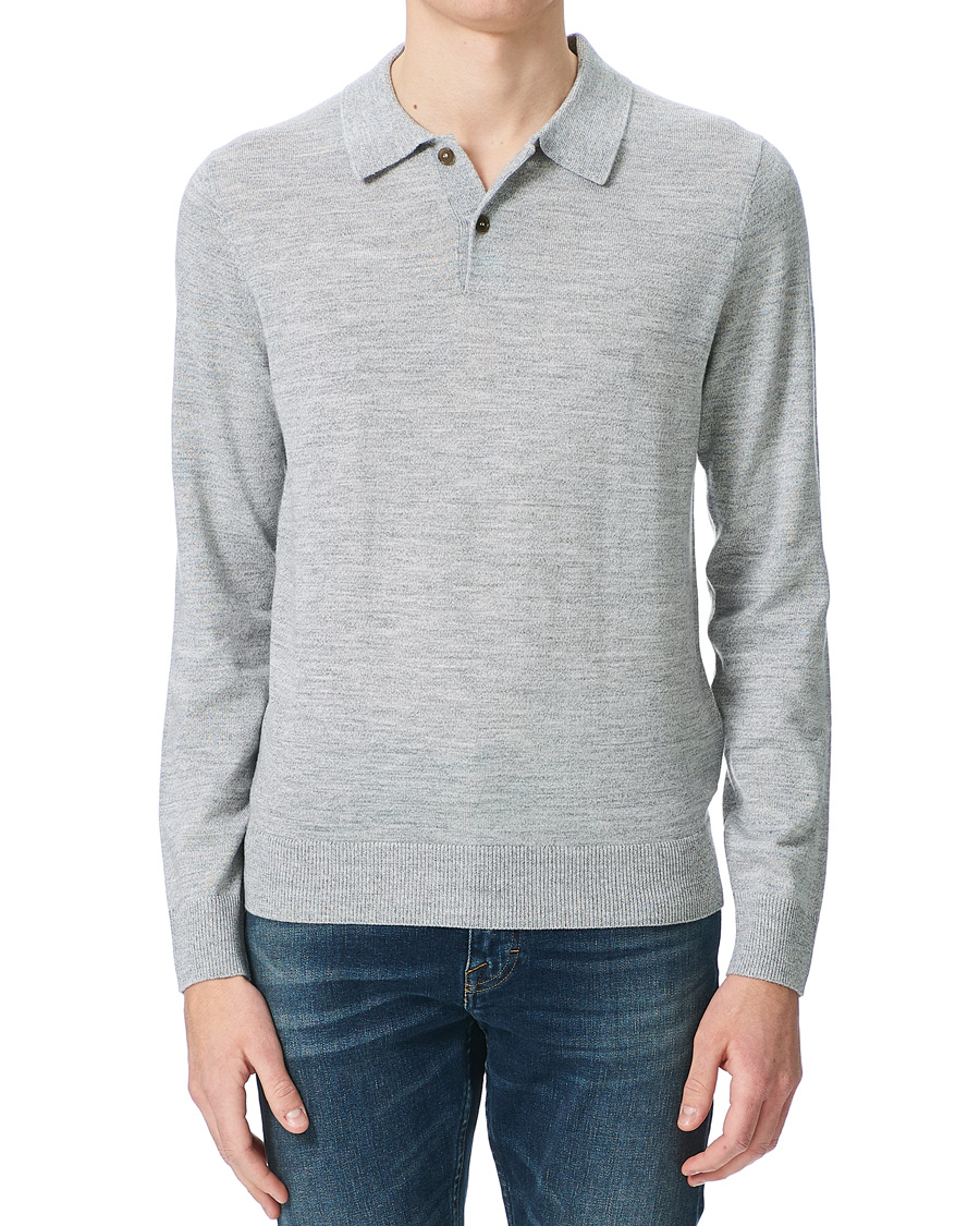 Heren | Truien | Morris | Merino Long Sleeve Polo Shirt Grey Melange