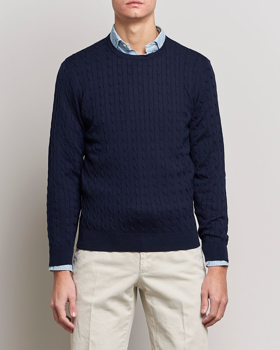 Heren | Gebreide truien | Stenströms | Merino Cable Crew Neck Navy