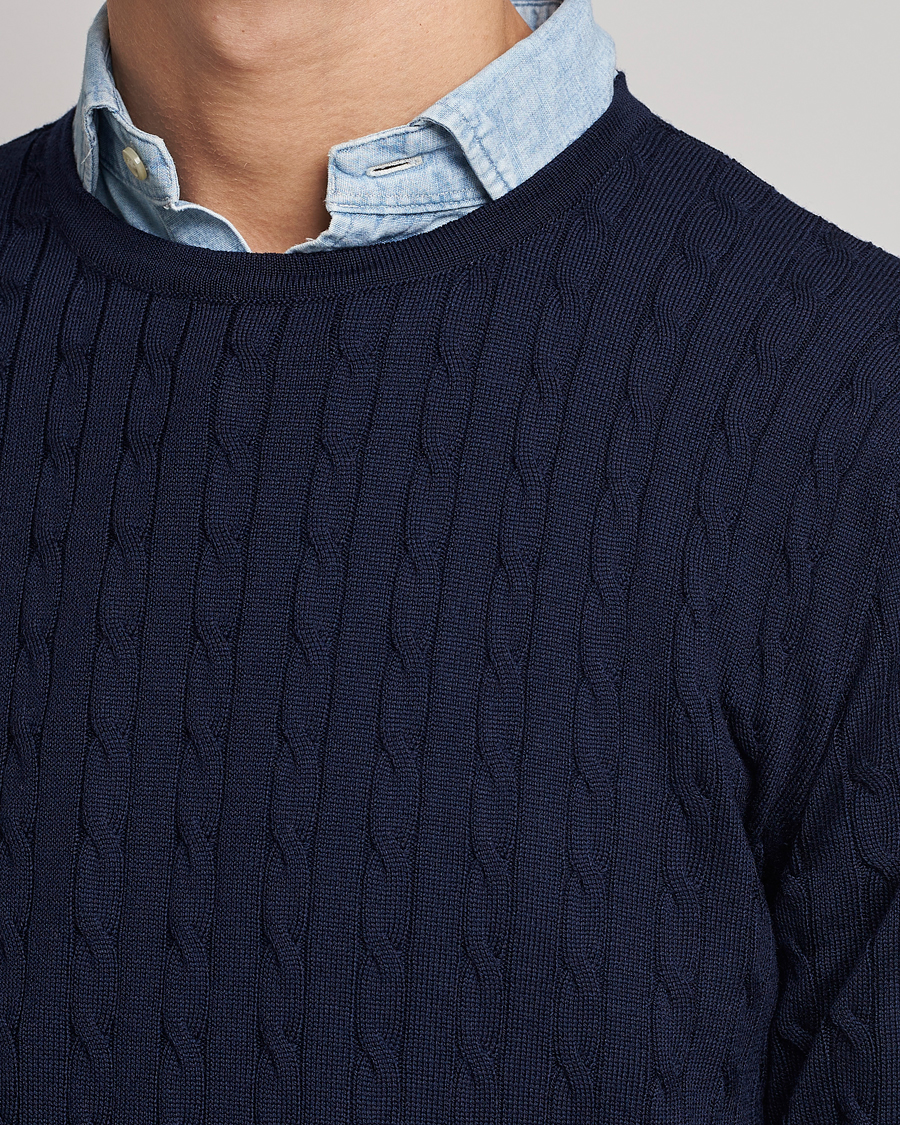 Heren | Truien | Stenströms | Merino Cable Crew Neck Navy