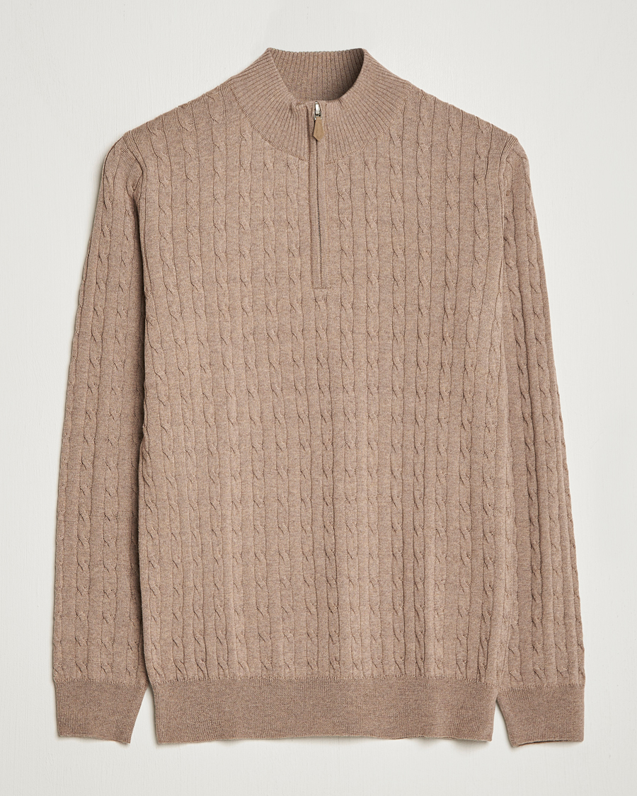 Heren | Truien | Stenströms | Merino Wool Cable Half Zip Camel