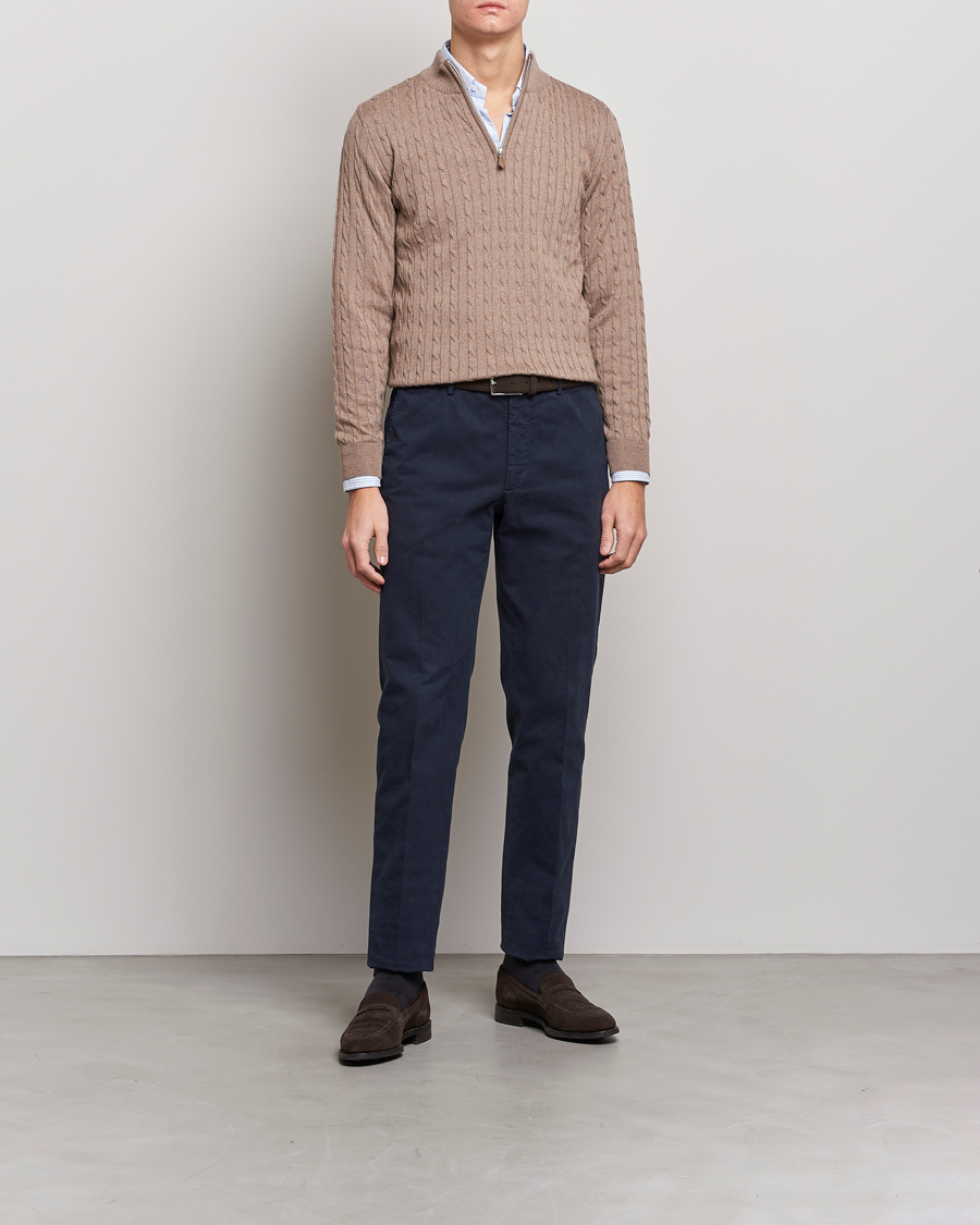 Heren | Truien | Stenströms | Merino Wool Cable Half Zip Camel