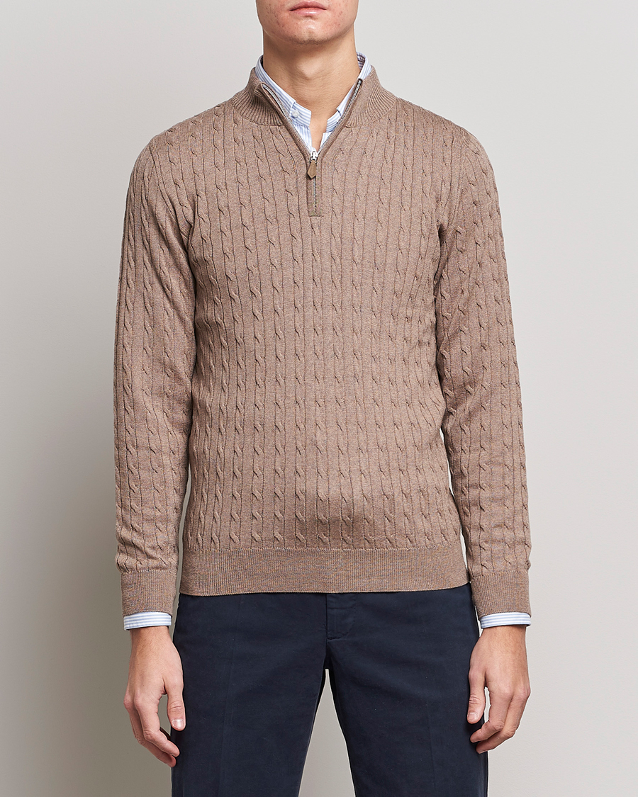 Heren | Truien | Stenströms | Merino Wool Cable Half Zip Camel