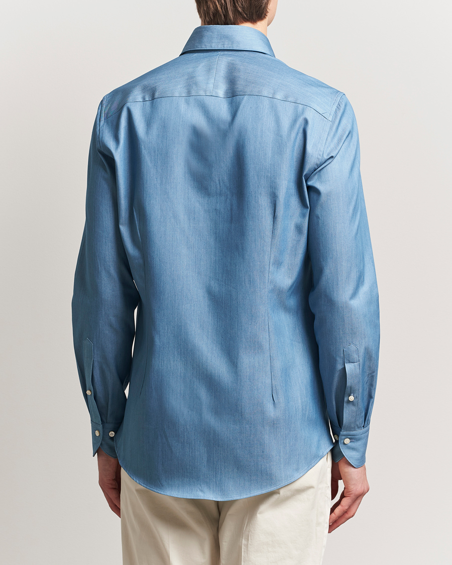 Heren | Overhemden | Stenströms | 1899 Slim One Piece Collar Cotton Denim Shirt Mid Blue