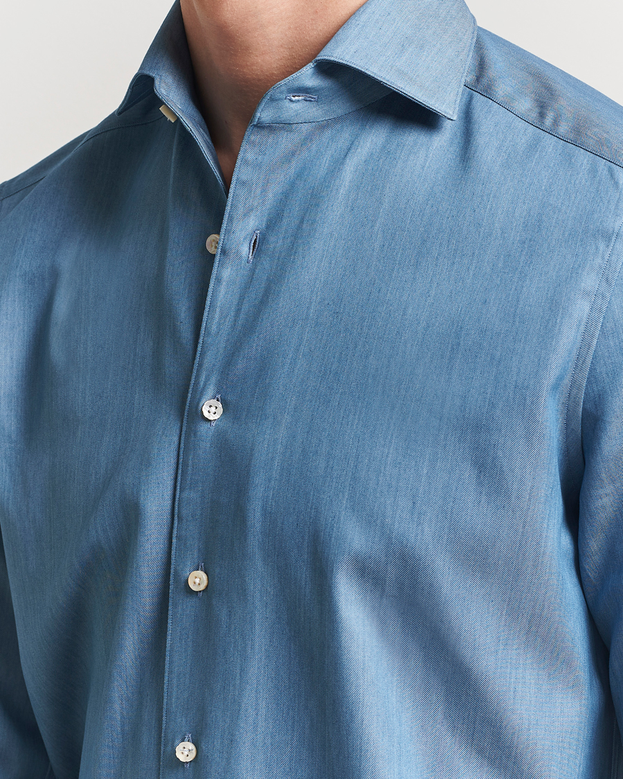 Heren | Overhemden | Stenströms | 1899 Slim One Piece Collar Cotton Denim Shirt Mid Blue