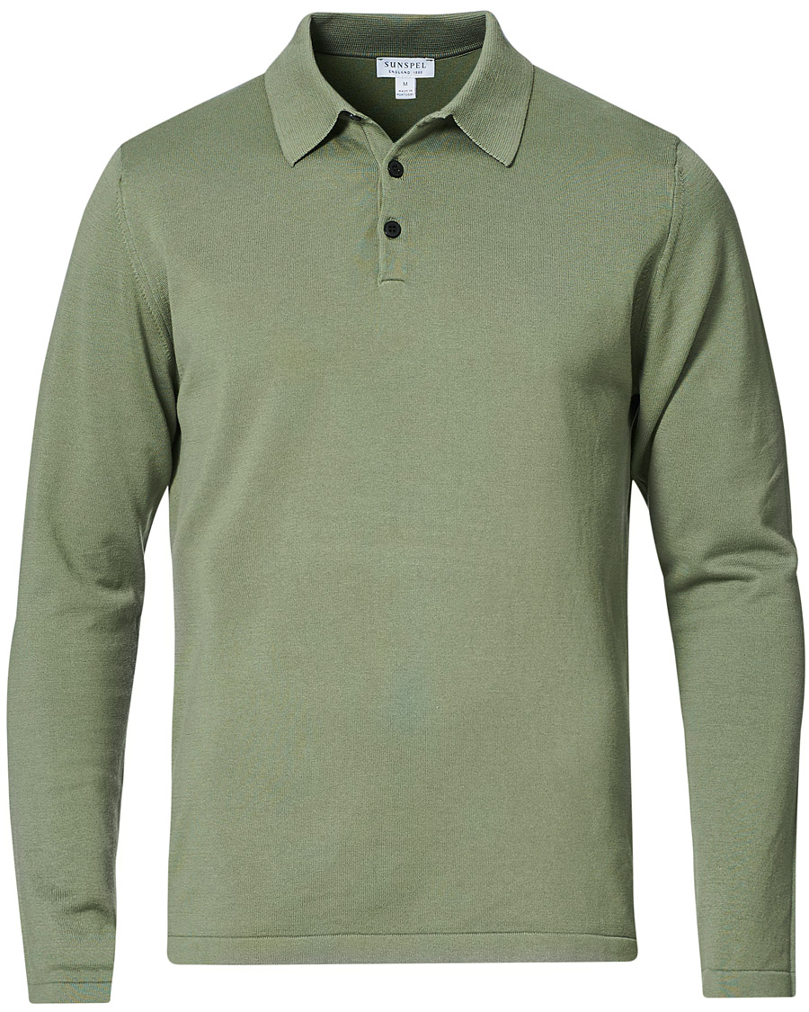 Heren | Truien | Sunspel | Long Sleeve Sea Island Cotton Polo Shirt Light Khaki