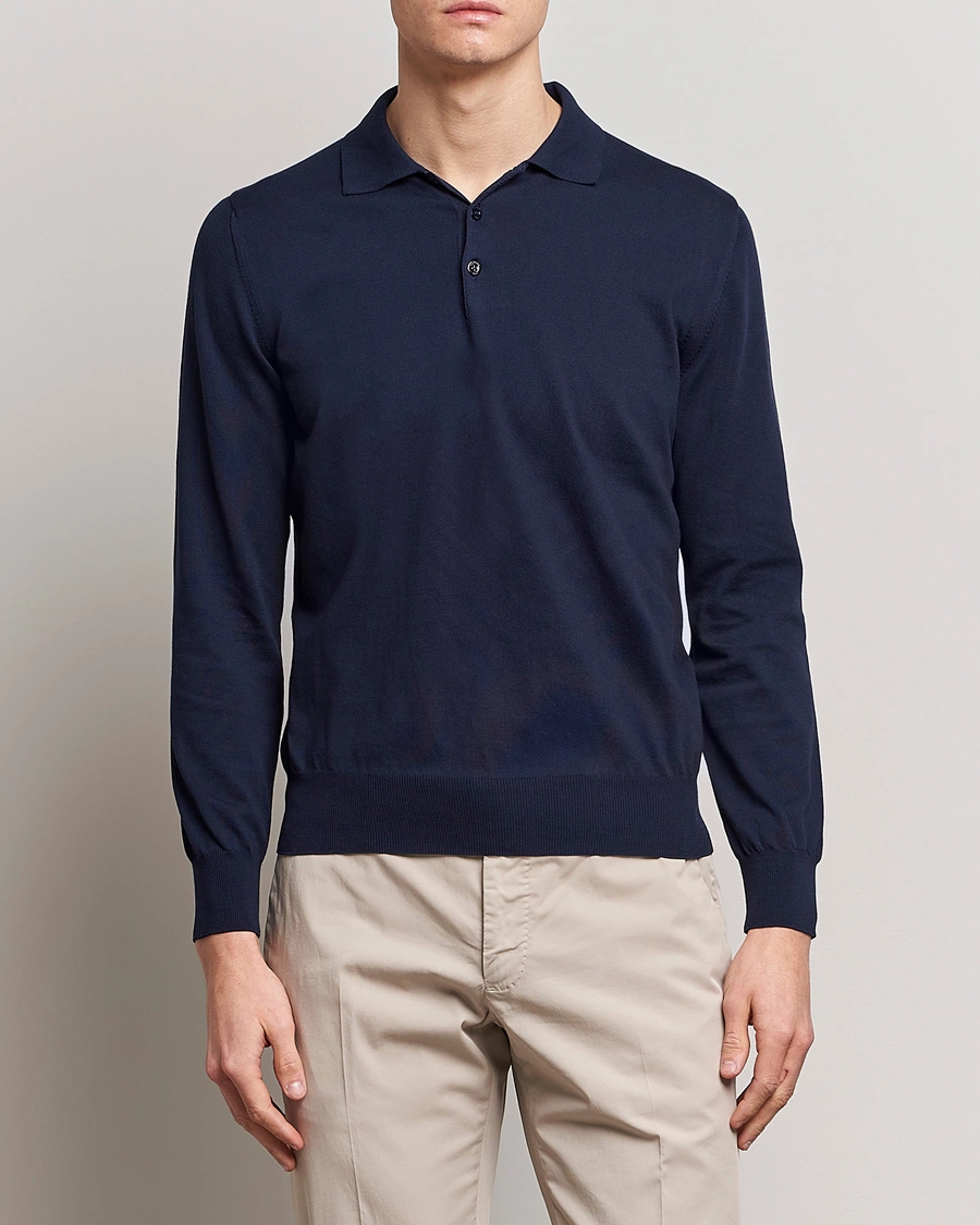 Heren | Afdelingen | Canali | Cotton Long Sleeve Polo Navy