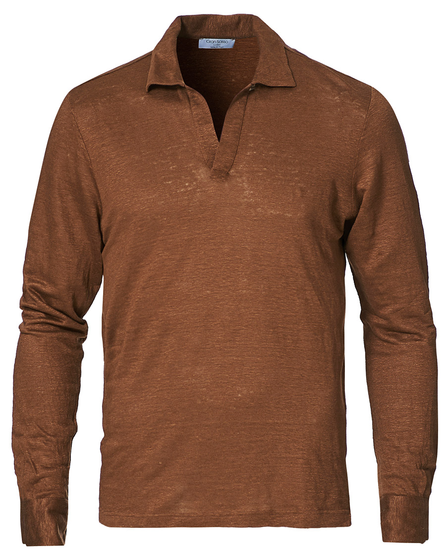 Heren | Truien | Gran Sasso | Washed Linen Long Sleeve Polo Gold Brown