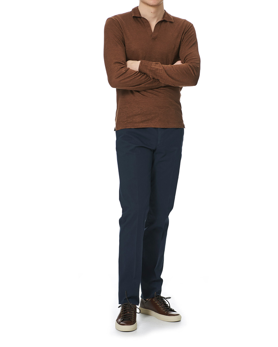 Heren | Truien | Gran Sasso | Washed Linen Long Sleeve Polo Gold Brown