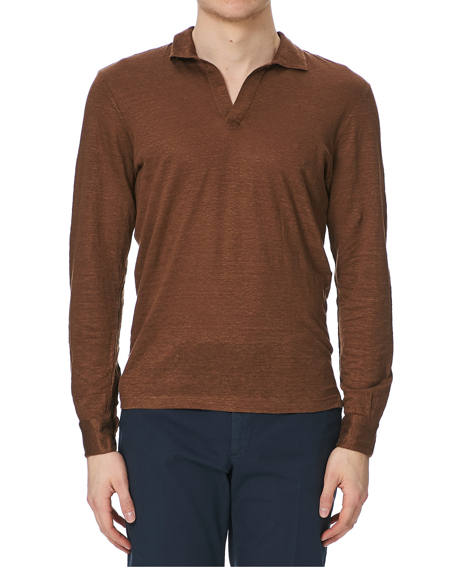 Heren | Truien | Gran Sasso | Washed Linen Long Sleeve Polo Gold Brown