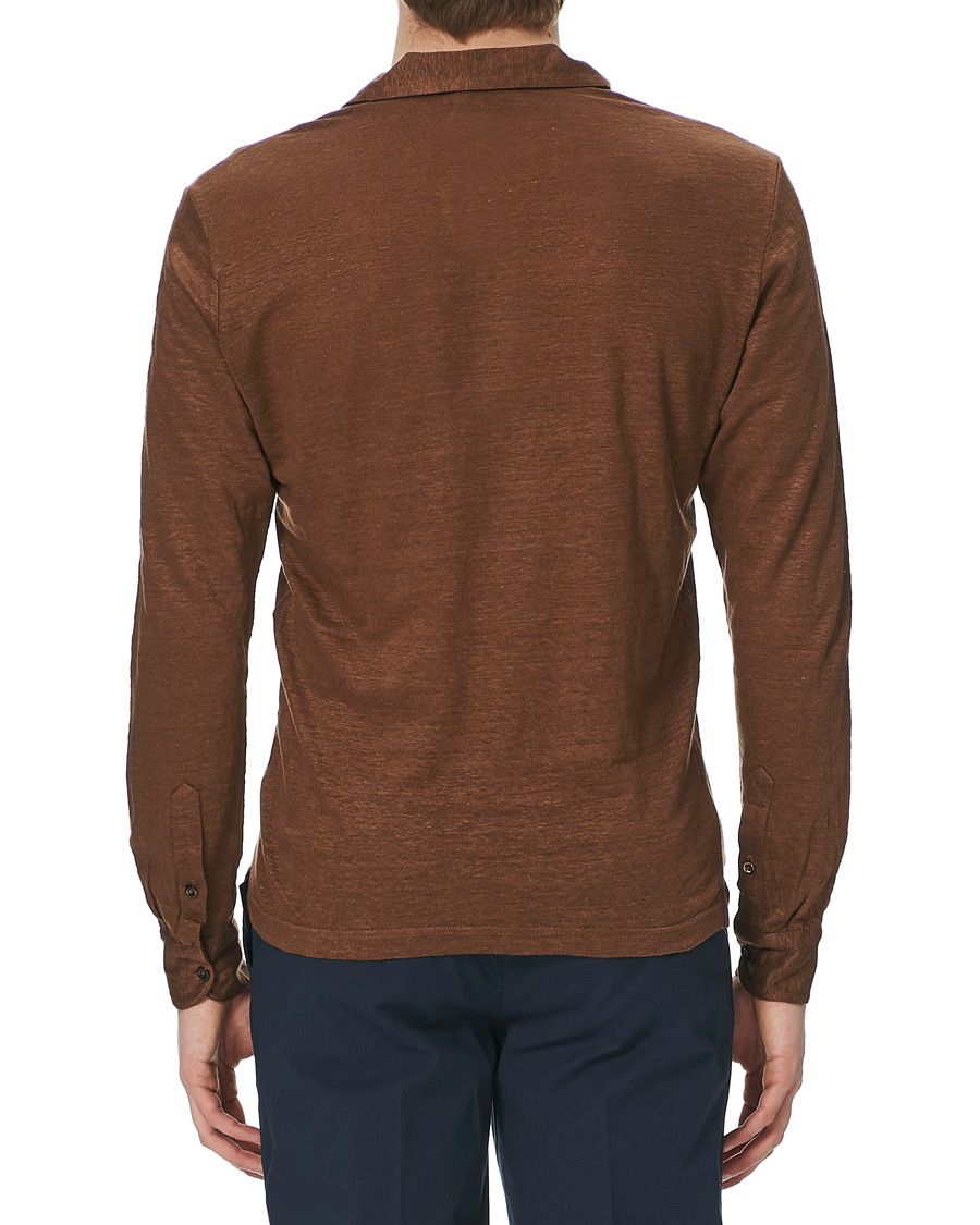 Heren | Truien | Gran Sasso | Washed Linen Long Sleeve Polo Gold Brown