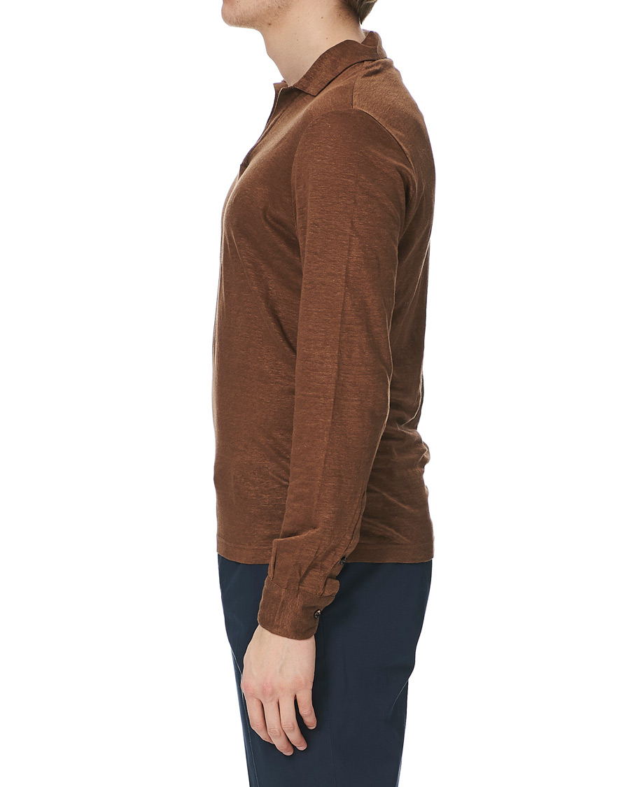 Heren | Truien | Gran Sasso | Washed Linen Long Sleeve Polo Gold Brown