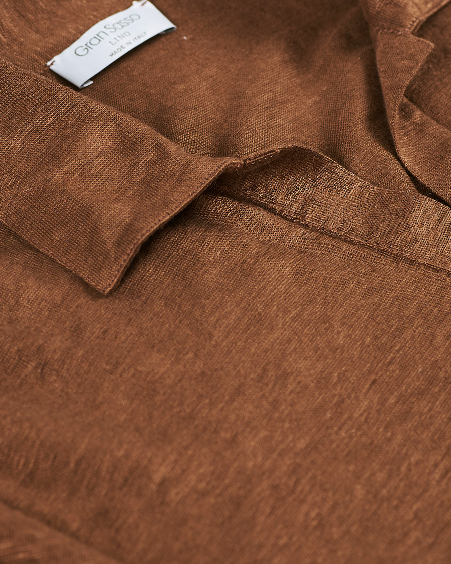 Heren | Truien | Gran Sasso | Washed Linen Long Sleeve Polo Gold Brown