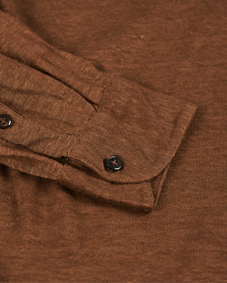 Heren | Truien | Gran Sasso | Washed Linen Long Sleeve Polo Gold Brown