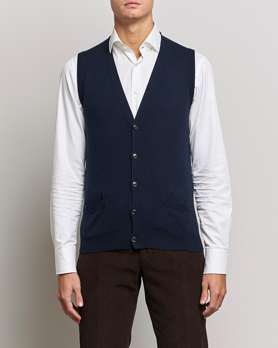 Heren | Italian Department | Piacenza Cashmere | Cashmere Sleeveless Cardigan Navy