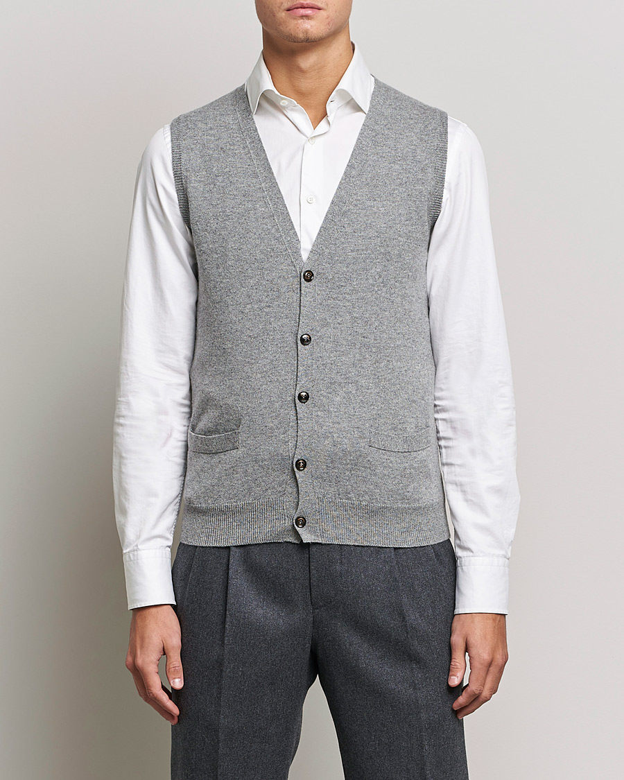 Heren | Italian Department | Piacenza Cashmere | Cashmere Sleeveless Cardigan Light Grey