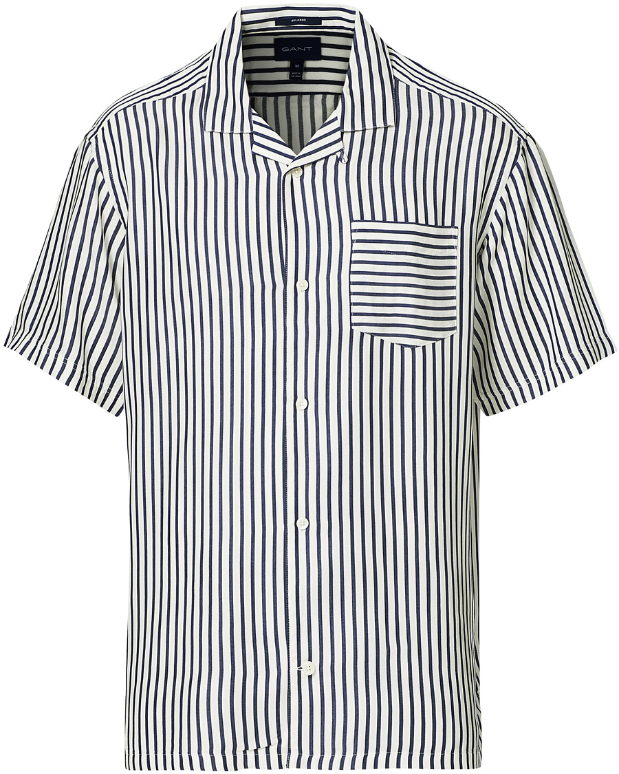 Heren | Overhemden | Gant | Rel Stripe Camp Collar Short Sleeve Shirt White/Blue