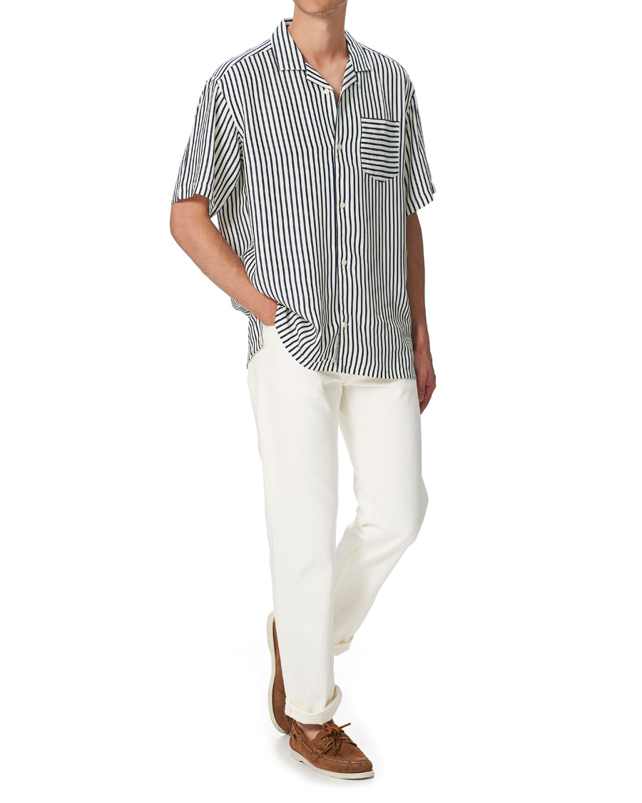 Heren | Overhemden | Gant | Rel Stripe Camp Collar Short Sleeve Shirt White/Blue