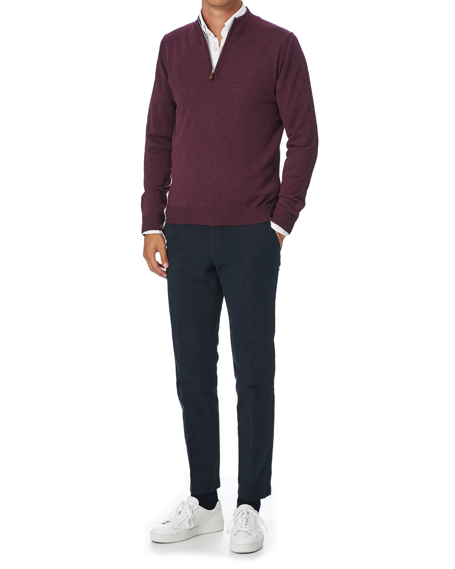 Heren | Truien | Stenströms | Merino Half Zip Burgundy Mouliné
