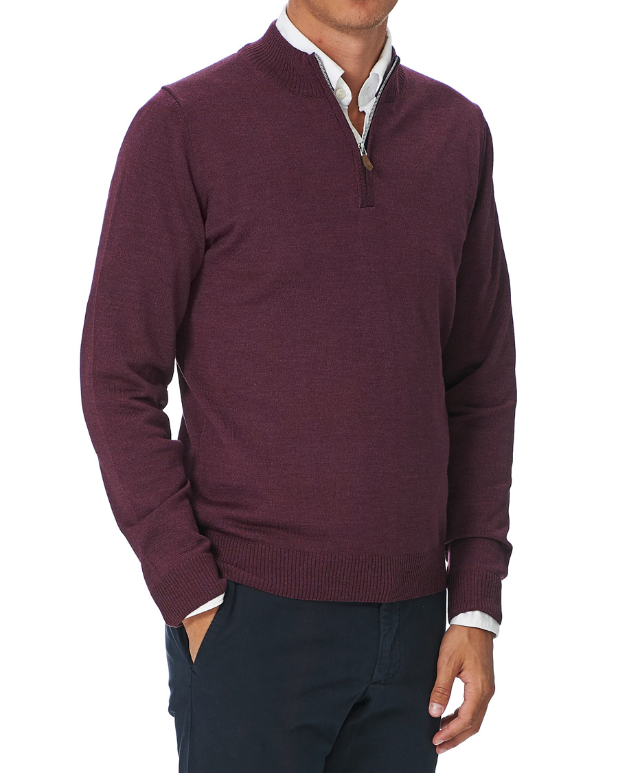 Heren | Truien | Stenströms | Merino Half Zip Burgundy Mouliné