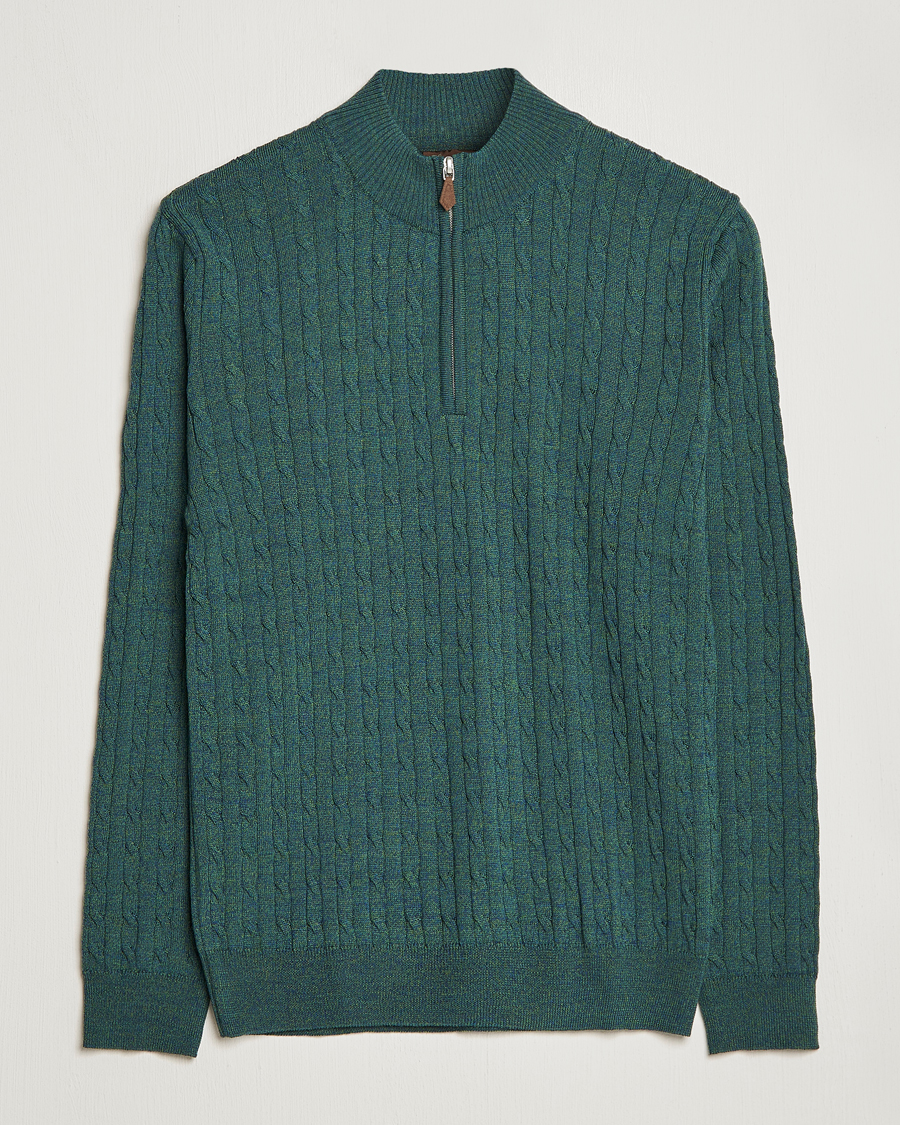 Heren | Truien | Stenströms | Merino Wool Cable Half Zip Green Mouliné
