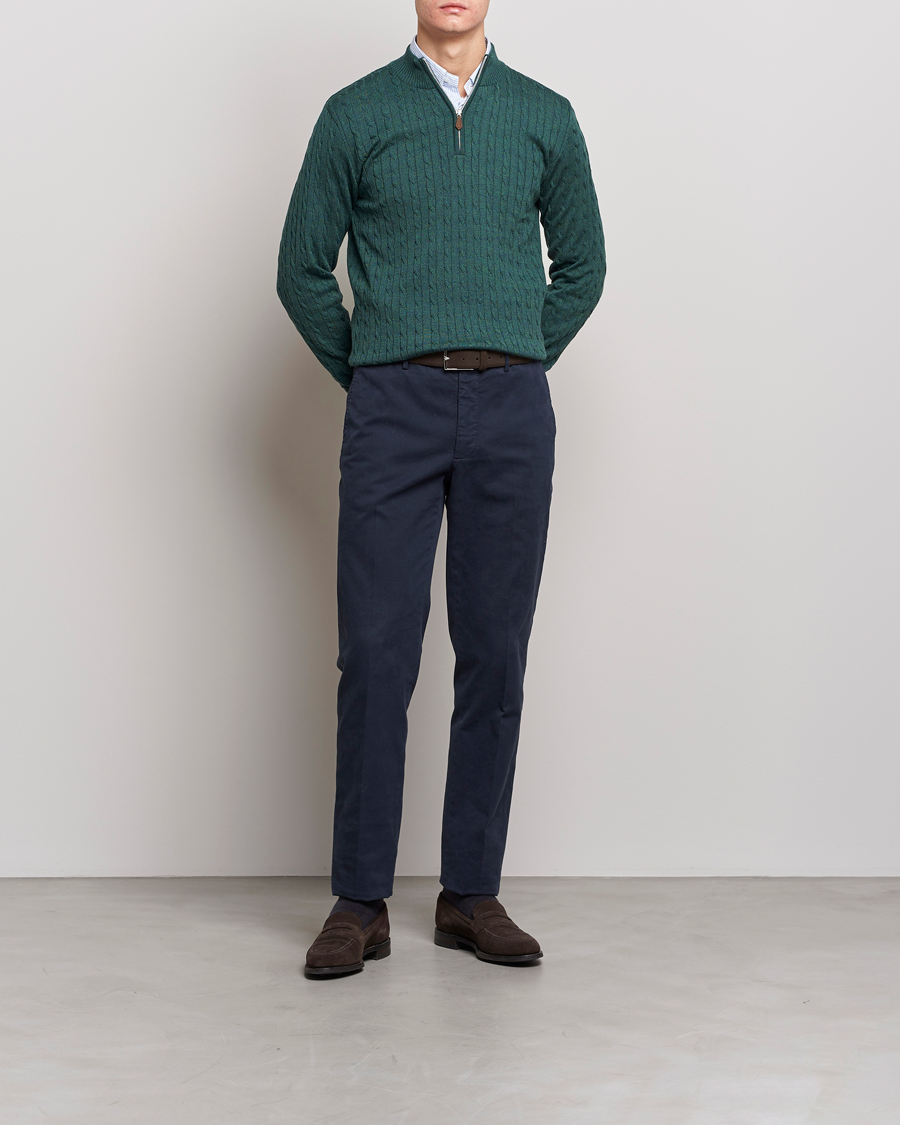 Heren | Truien | Stenströms | Merino Wool Cable Half Zip Green Mouliné