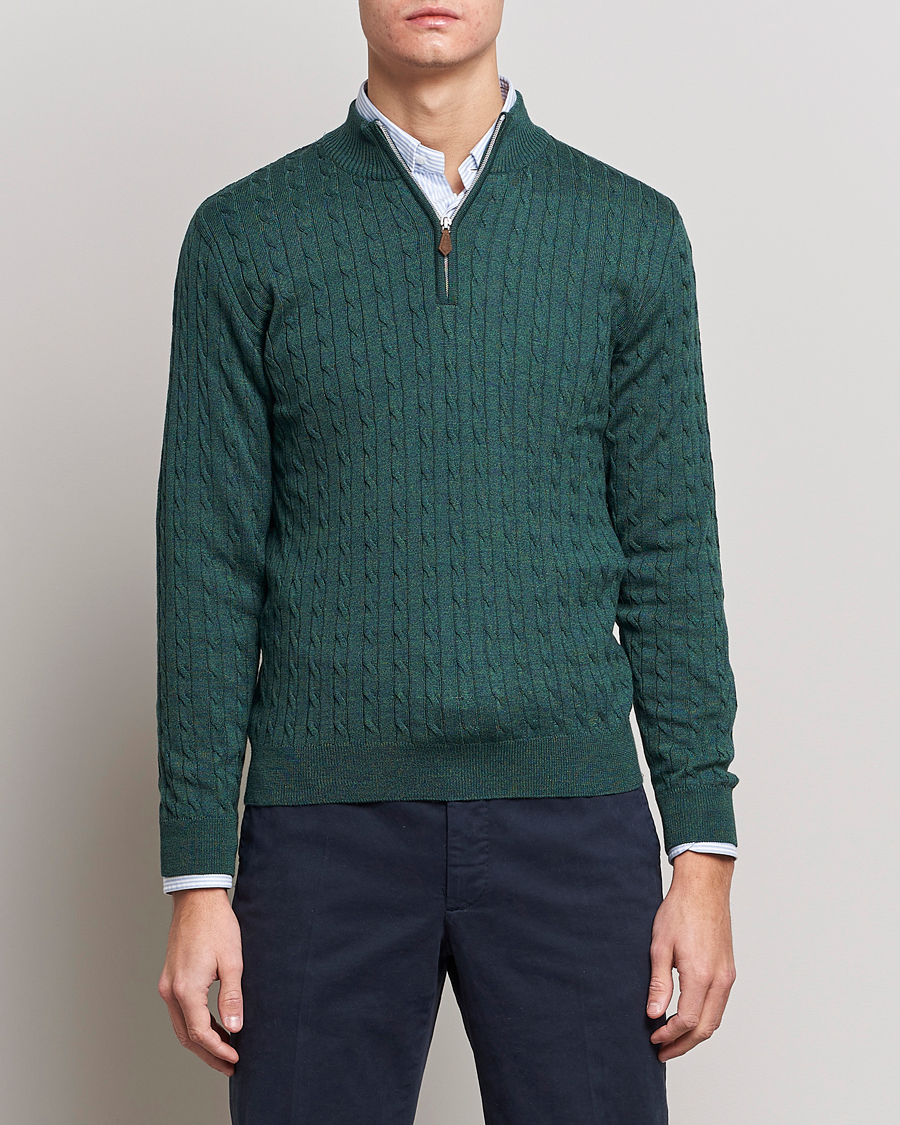 Heren | Truien | Stenströms | Merino Wool Cable Half Zip Green Mouliné