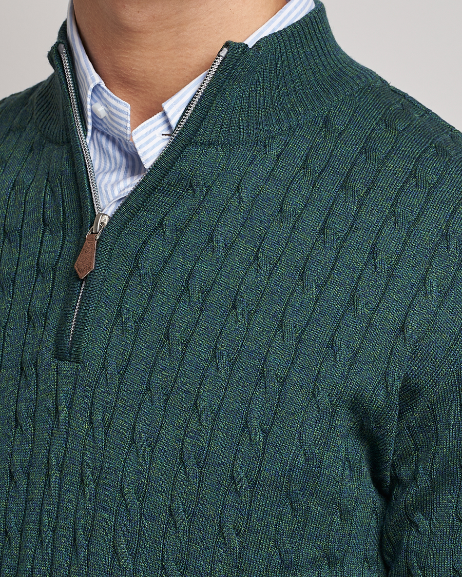 Heren | Truien | Stenströms | Merino Wool Cable Half Zip Green Mouliné