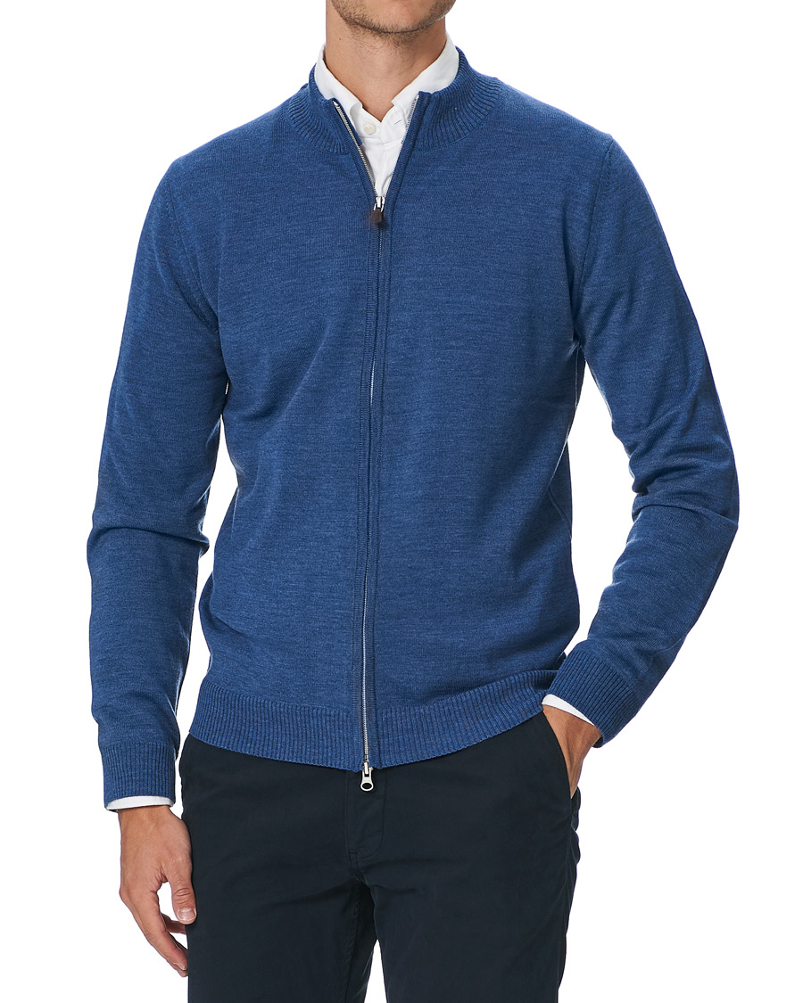 Heren | Truien | Stenströms | Merino Full Zip Light Blue