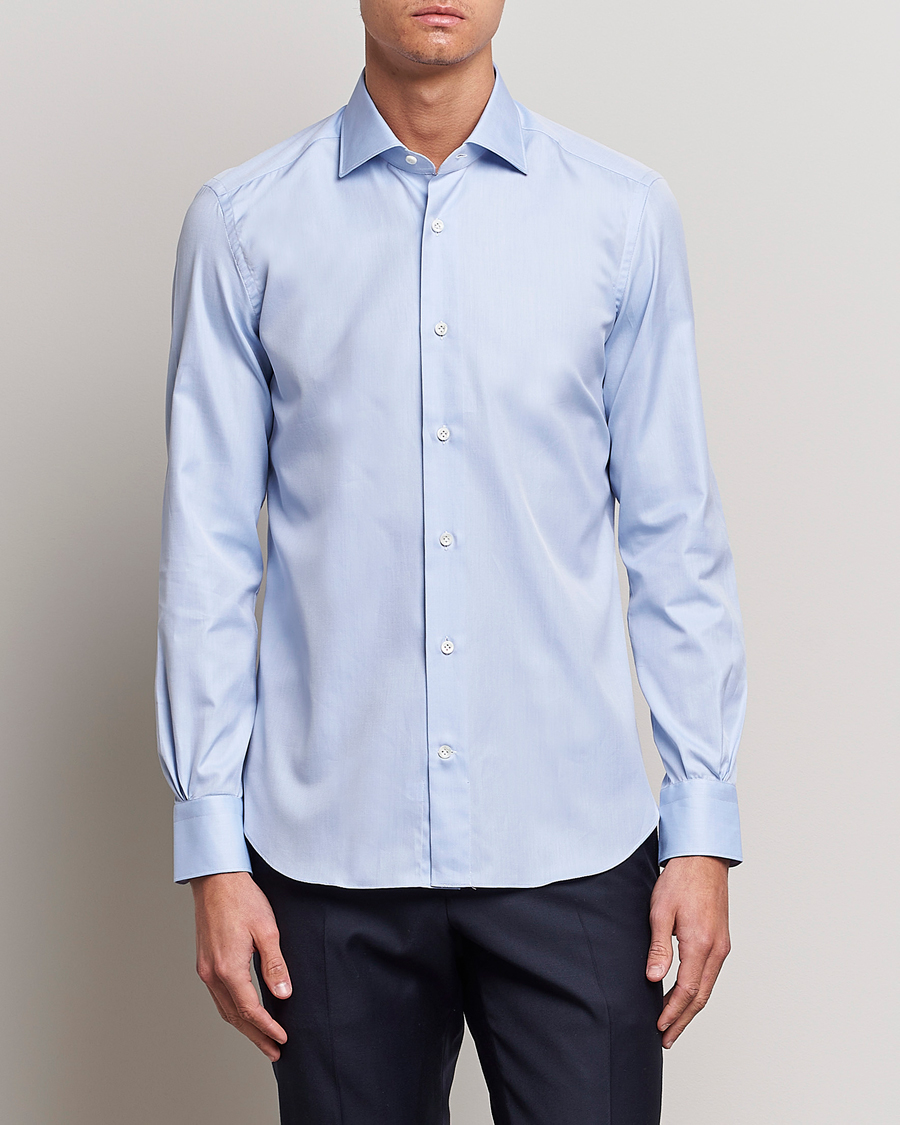 Heren | Mazzarelli | Mazzarelli | Soft Cotton Cut Away Shirt Light Blue