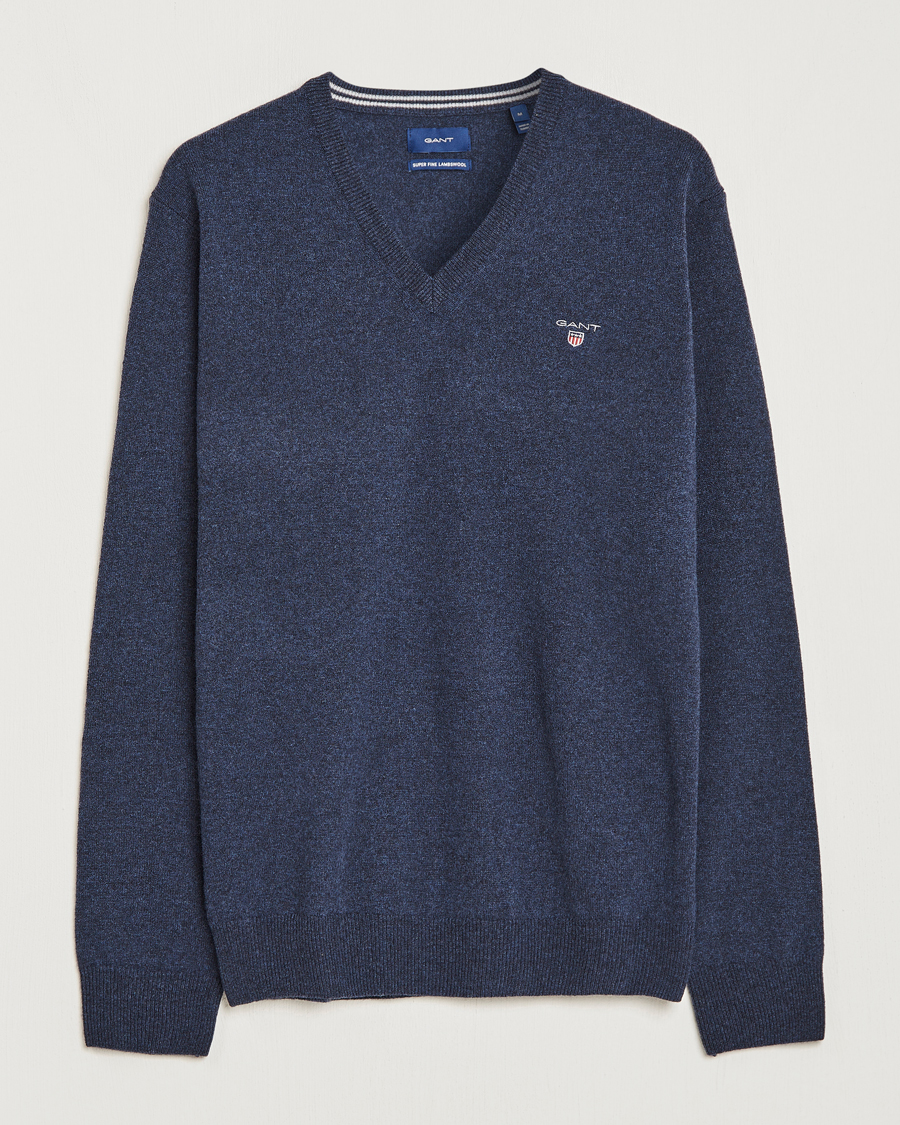 Heren | Truien | GANT | Lambswool V-Neck Pullover Dark Navy Melange