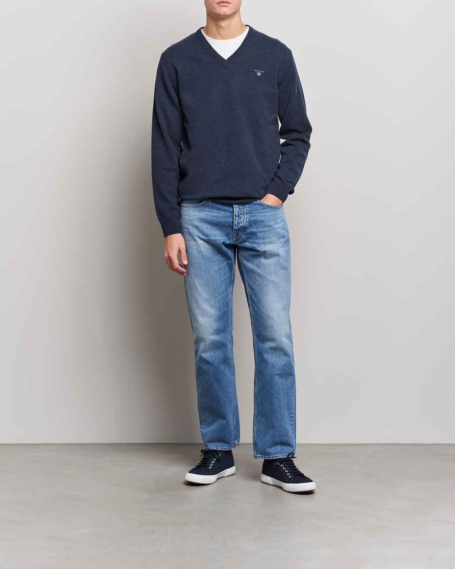 Heren | Truien | GANT | Lambswool V-Neck Pullover Dark Navy Melange