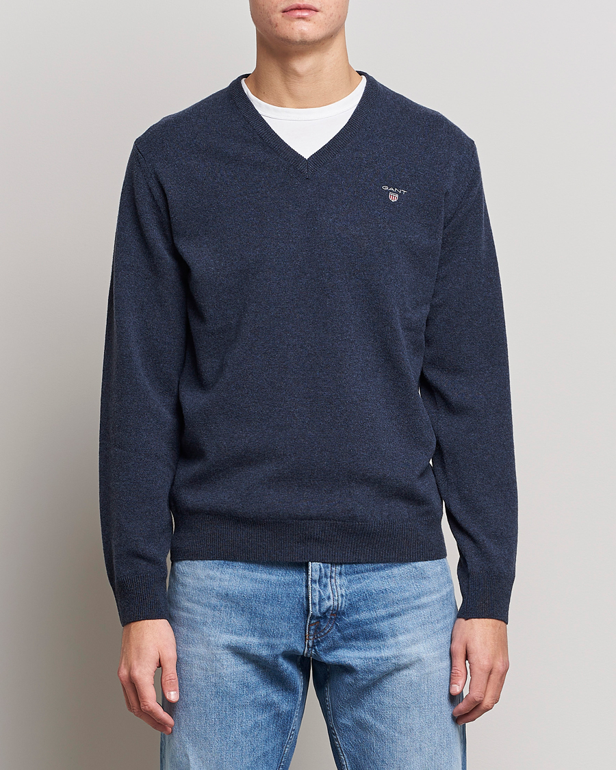 Heren | Truien | GANT | Lambswool V-Neck Pullover Dark Navy Melange