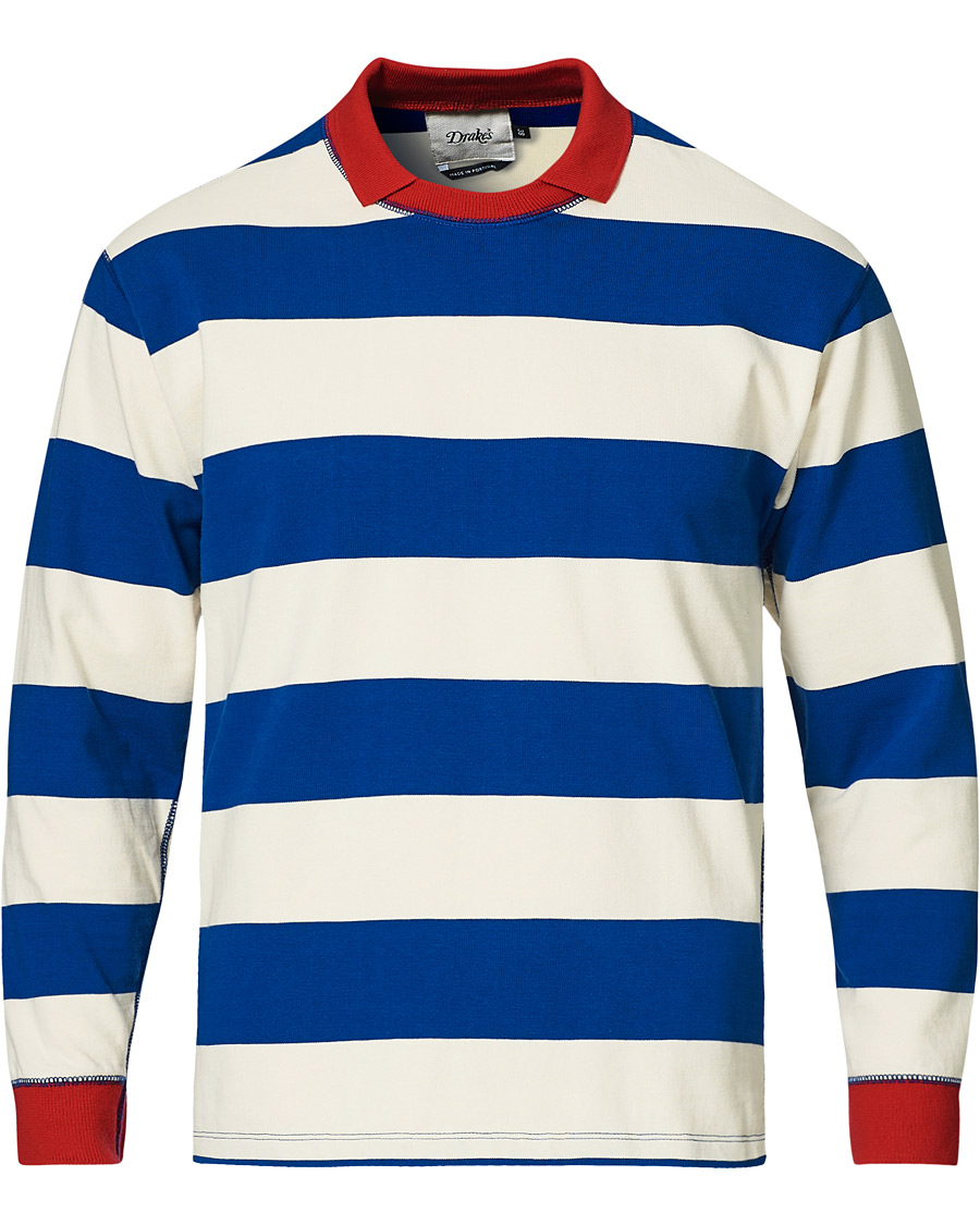 Heren | T-shirts | Drake's | Mock Collar Long Sleeve Tee Blue/White