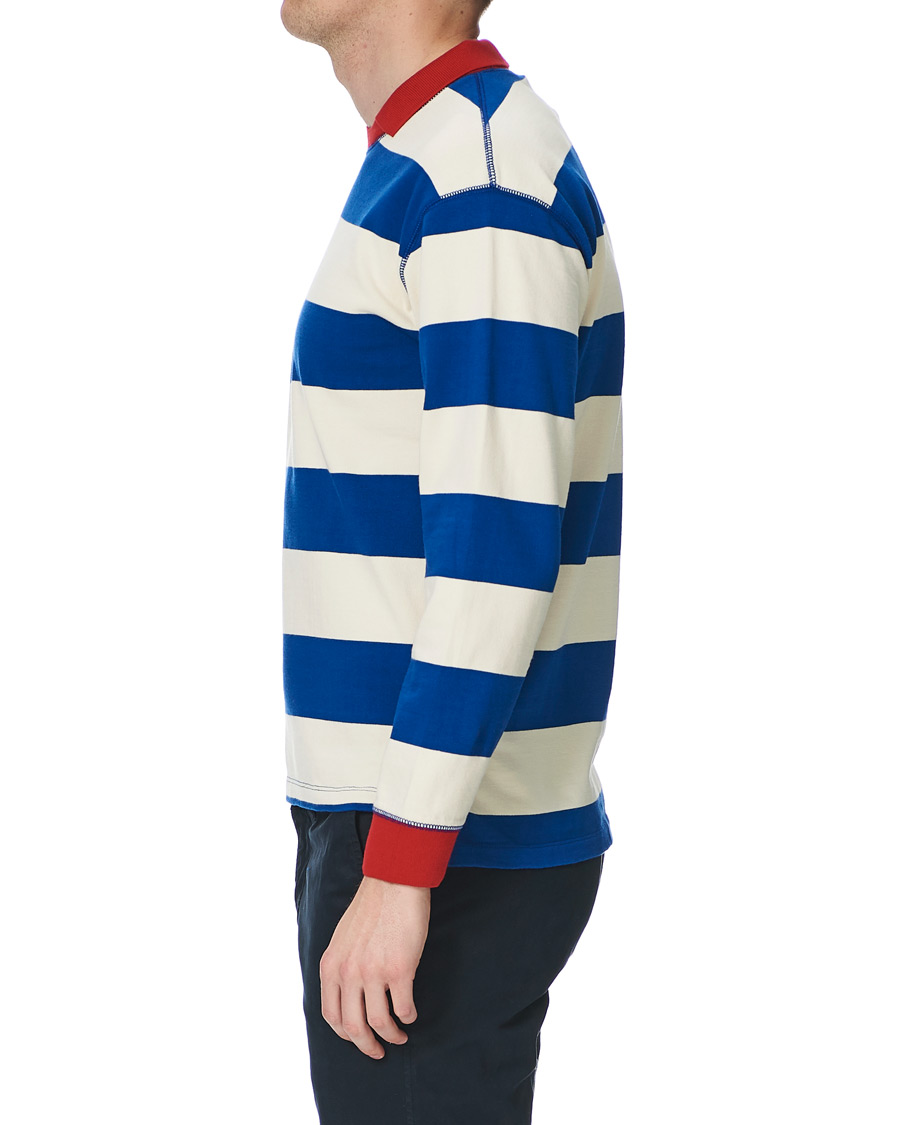 Heren | T-shirts | Drake's | Mock Collar Long Sleeve Tee Blue/White