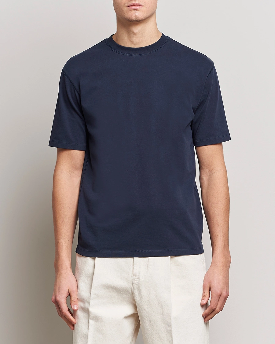 Heren | T-shirts met korte mouwen | Drake's | Short Sleeve Hiking Tee Navy