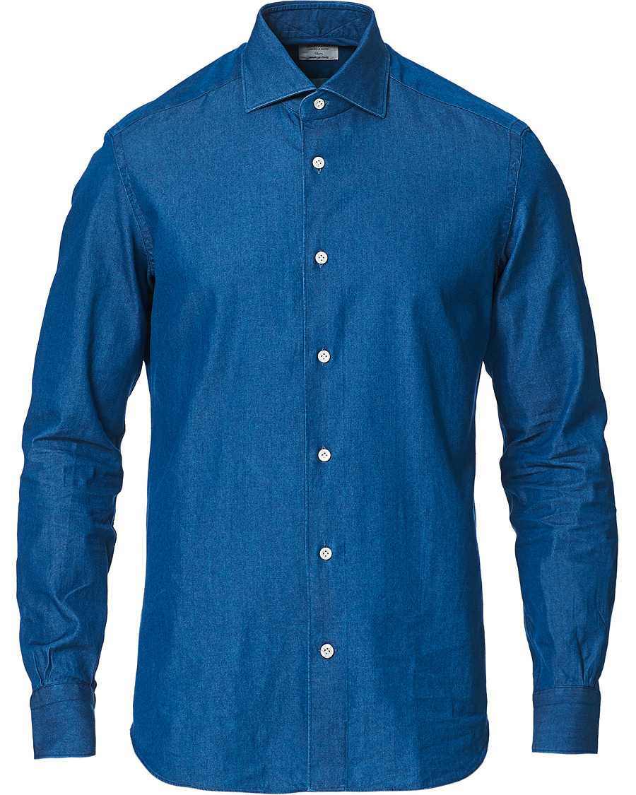 Heren | Overhemden | Mazzarelli | Cut Away Down Denim Shirt Dark Indigo