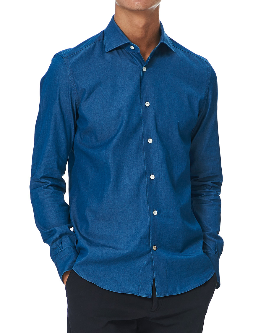 Heren | Overhemden | Mazzarelli | Cut Away Down Denim Shirt Dark Indigo
