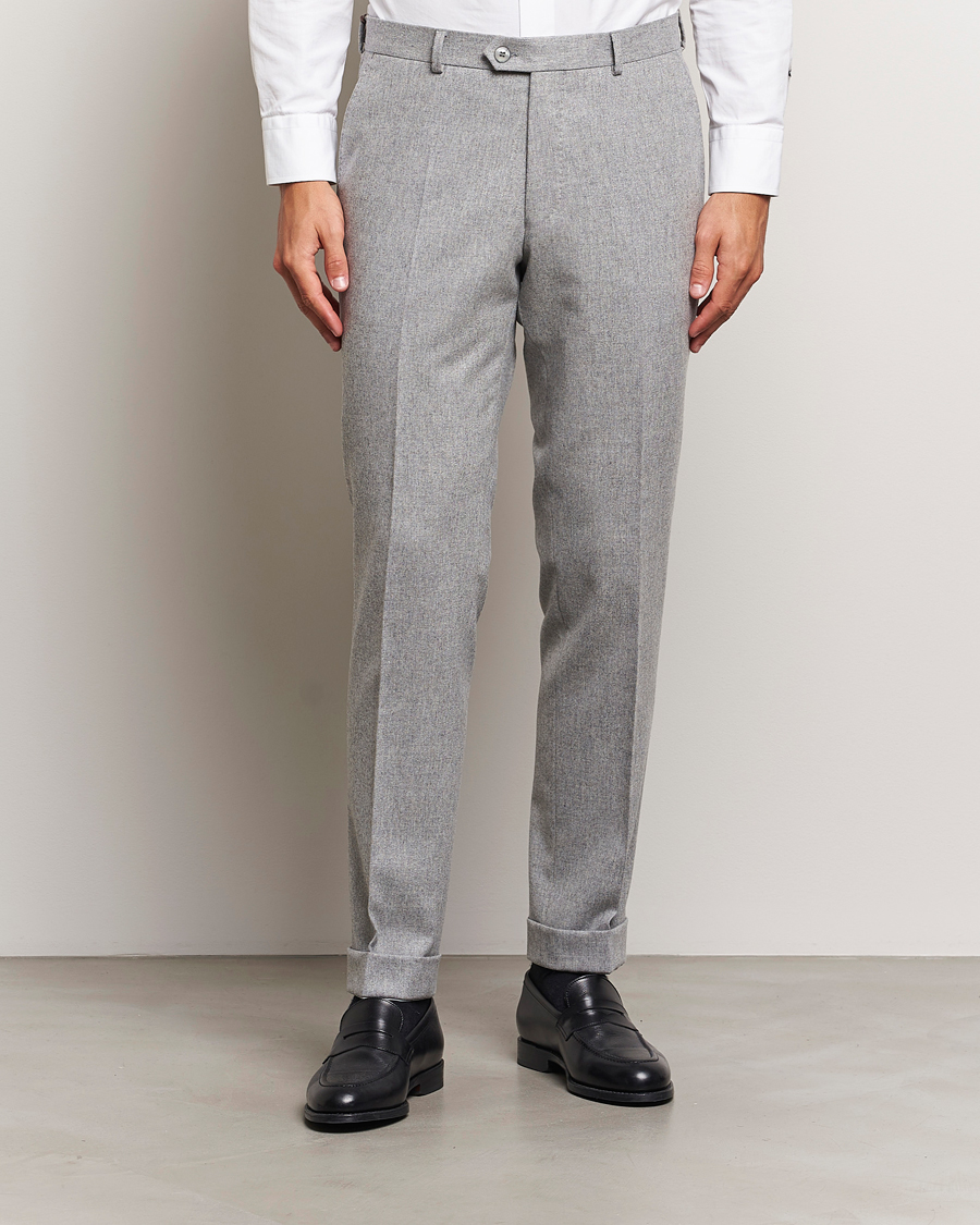 Heren | Broeken | Oscar Jacobson | Denz Turn Up Flannel Trousers Light Grey Melang