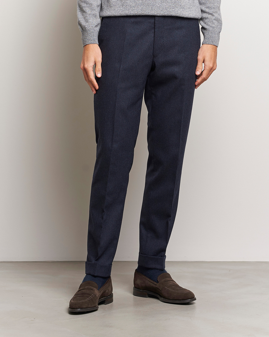 Heren | Broeken | Oscar Jacobson | Denz Turn Up Flannel Trousers Navy Melange