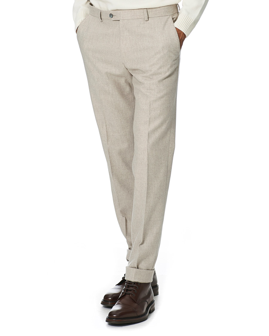 Heren | Broeken | Oscar Jacobson | Denz Turn Up Flannel Trousers Beige