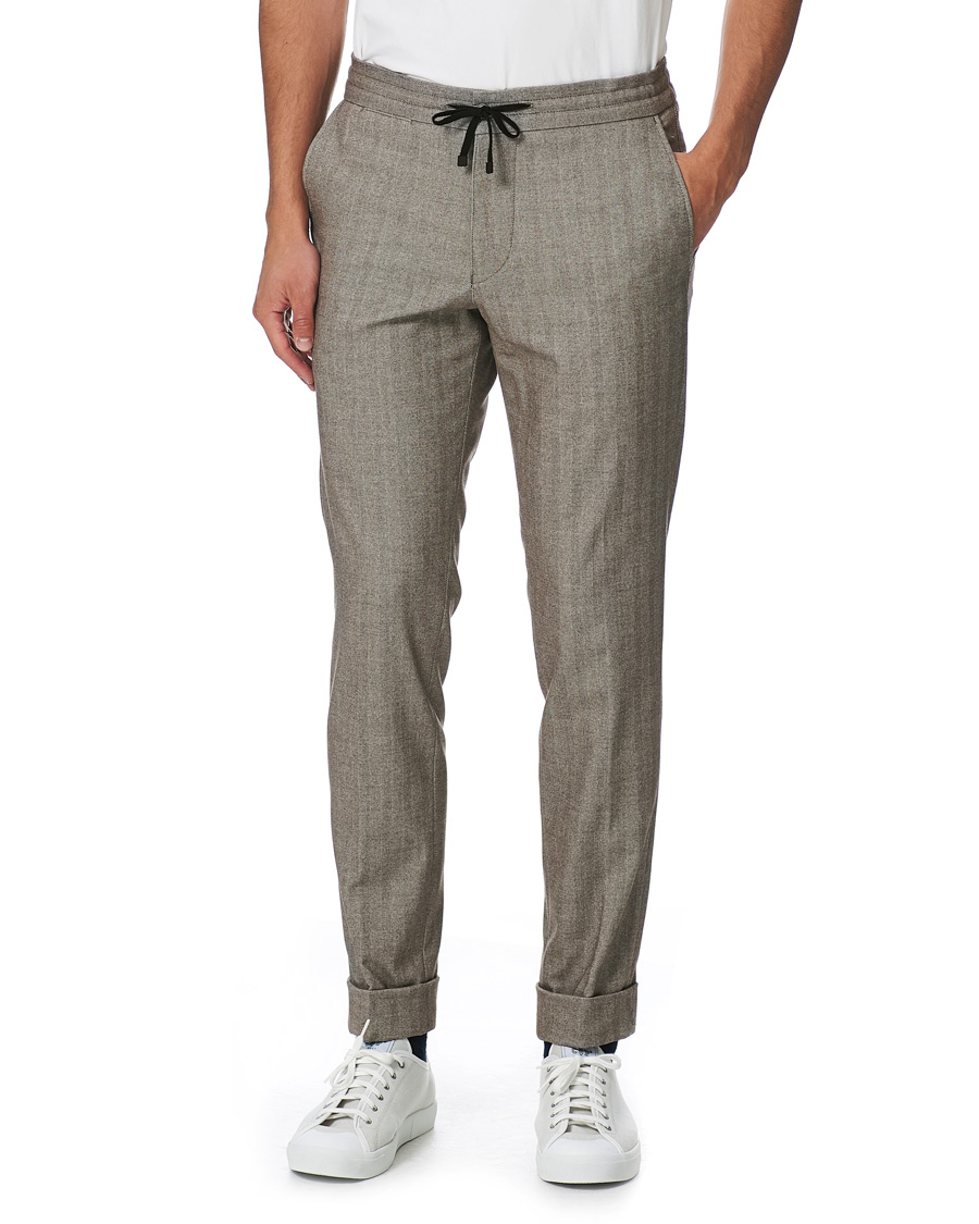 Heren | Broeken | Oscar Jacobson | Nolan Drawstring Herringbone Trousers Light Brown